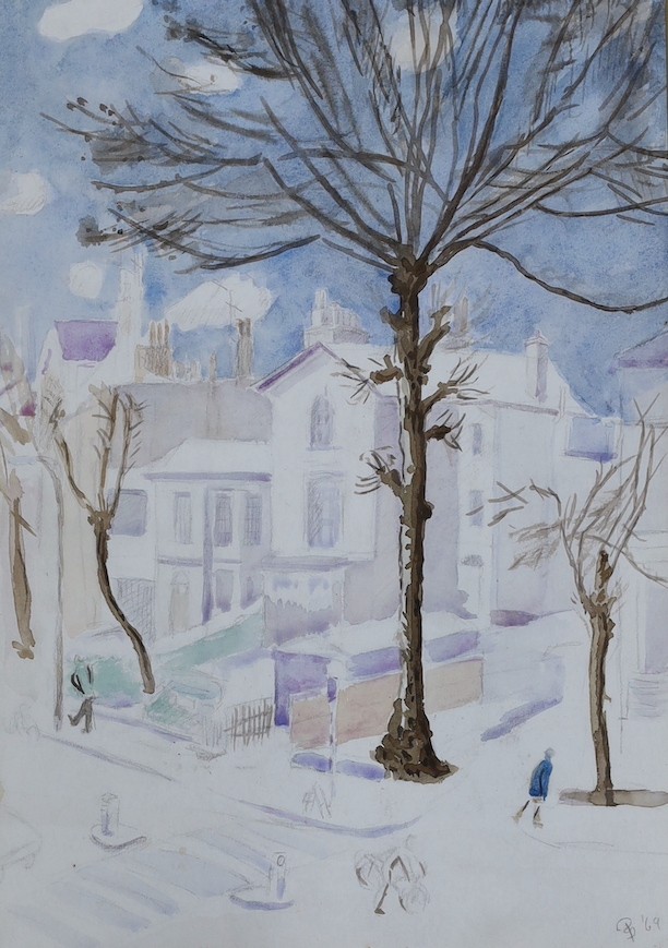 Pauline Sitwell, 20th century, watercolour, 'Snow in Bayswater', signed, 38 x 26cm